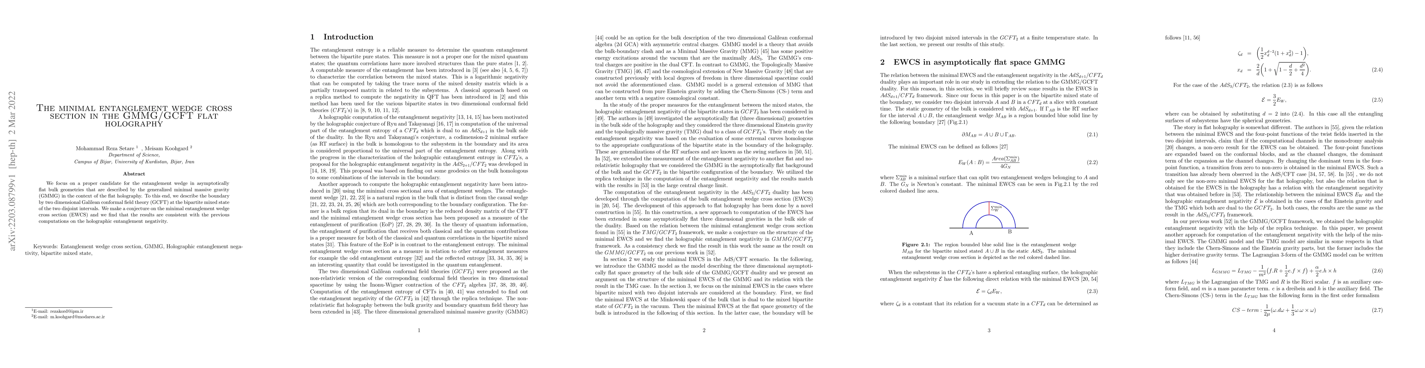 Thumbnail for The minimal entanglement wedge cross section in the GMMG/GCFT flat
  holography