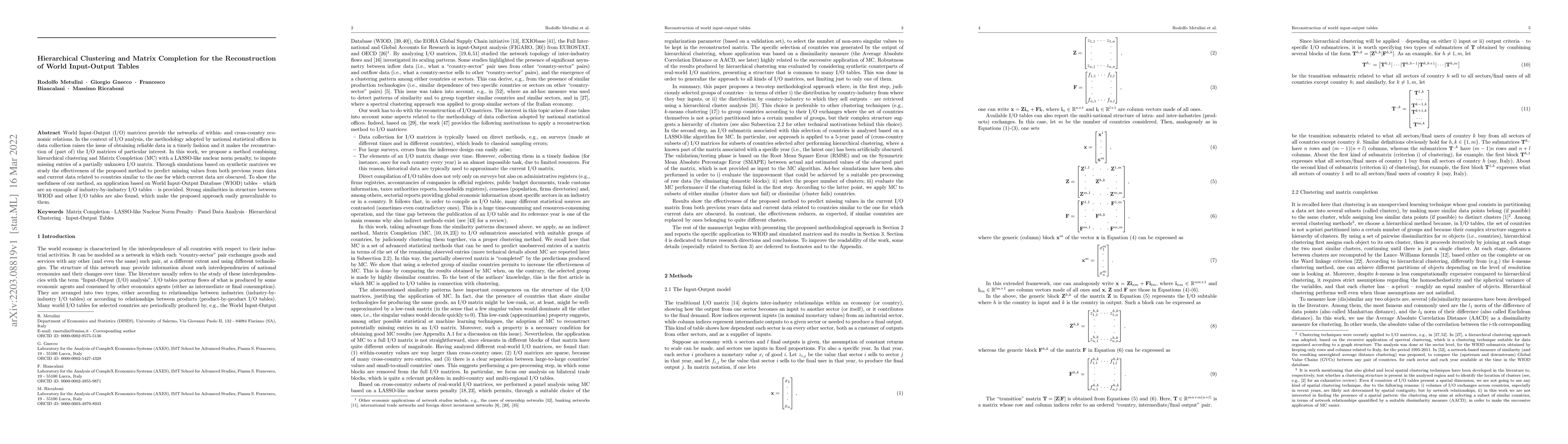 Thumbnail for Hierarchical Clustering and Matrix Completion for the Reconstruction of
  World Input-Output Tables