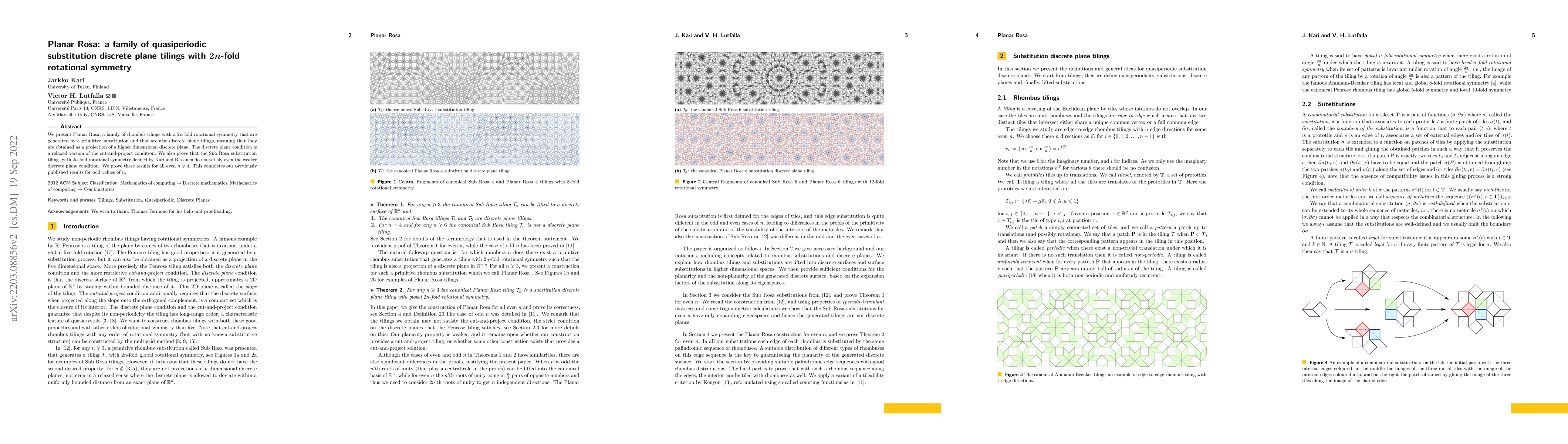 Thumbnail for Planar Rosa : a family of quasiperiodic substitution discrete plane
  tilings with $2n$-fold rotational symmetry