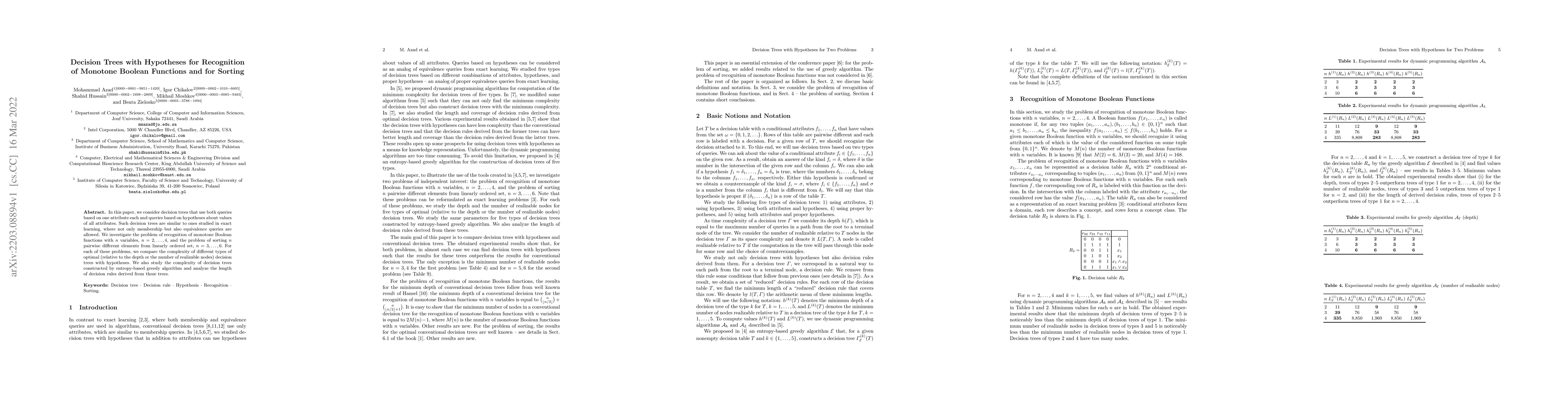 Thumbnail for Decision Trees with Hypotheses for Recognition of Monotone Boolean
  Functions and for Sorting