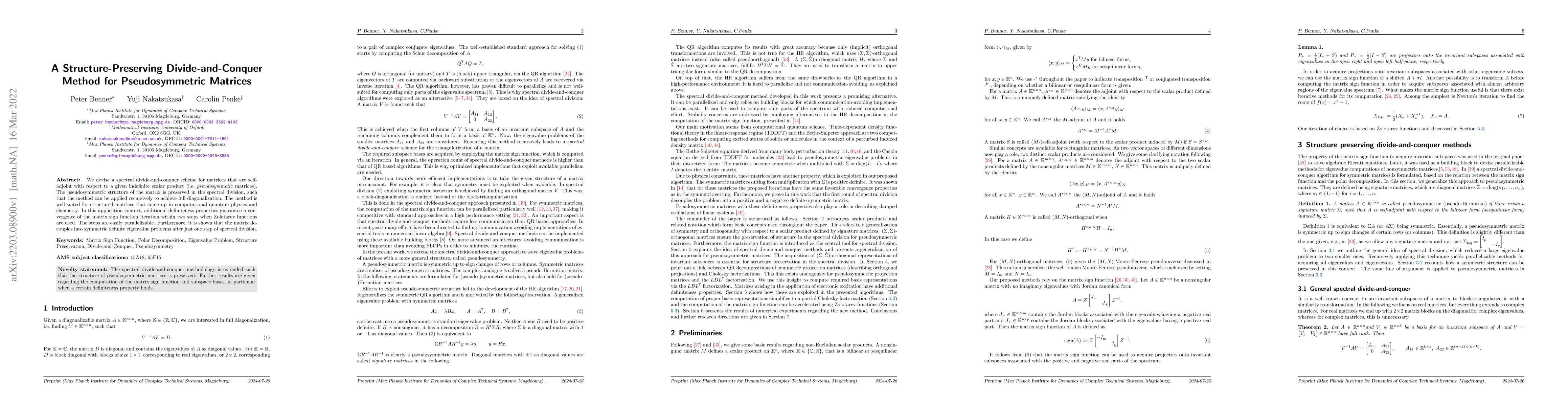 Thumbnail for A Structure-Preserving Divide-and-Conquer Method for Pseudosymmetric
  Matrices
