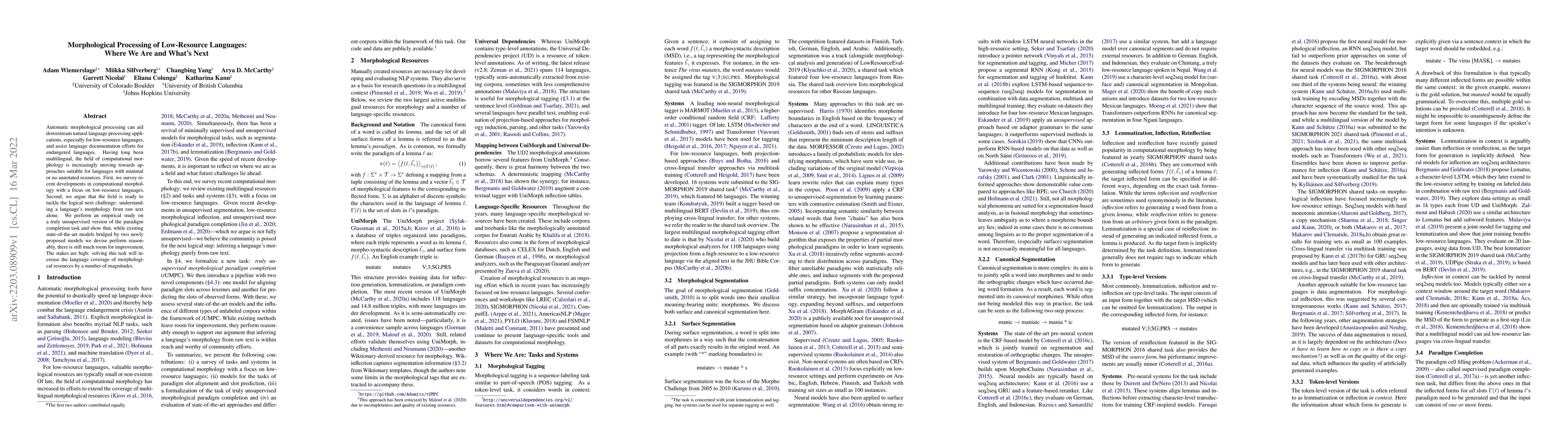 Thumbnail for Morphological Processing of Low-Resource Languages: Where We Are and
  What's Next