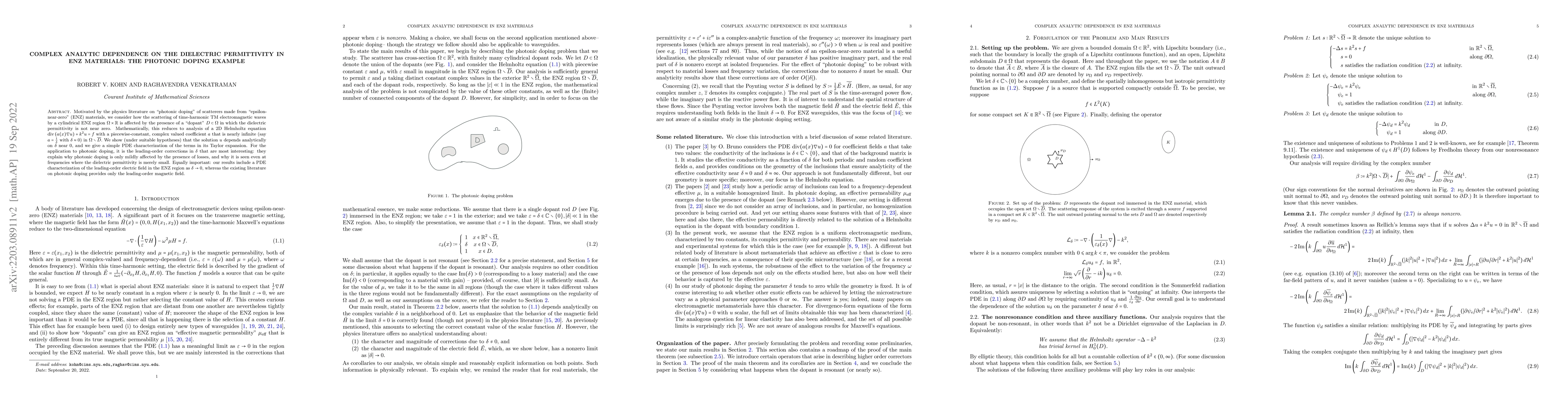 Thumbnail for Complex Analytic Dependence on the Dielectric Permittivity in ENZ
  Materials: The Photonic Doping Example