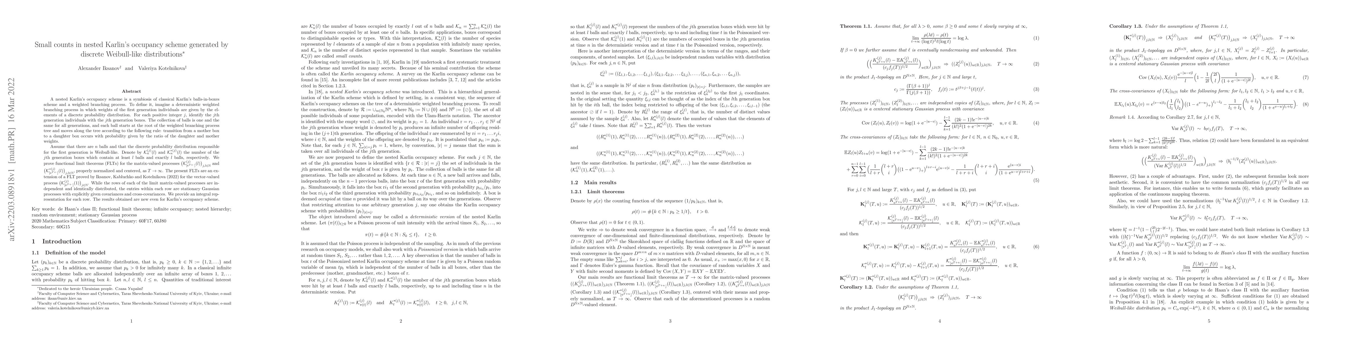 Thumbnail for Small counts in nested Karlin's occupancy scheme generated by discrete
  Weibull-like distributions