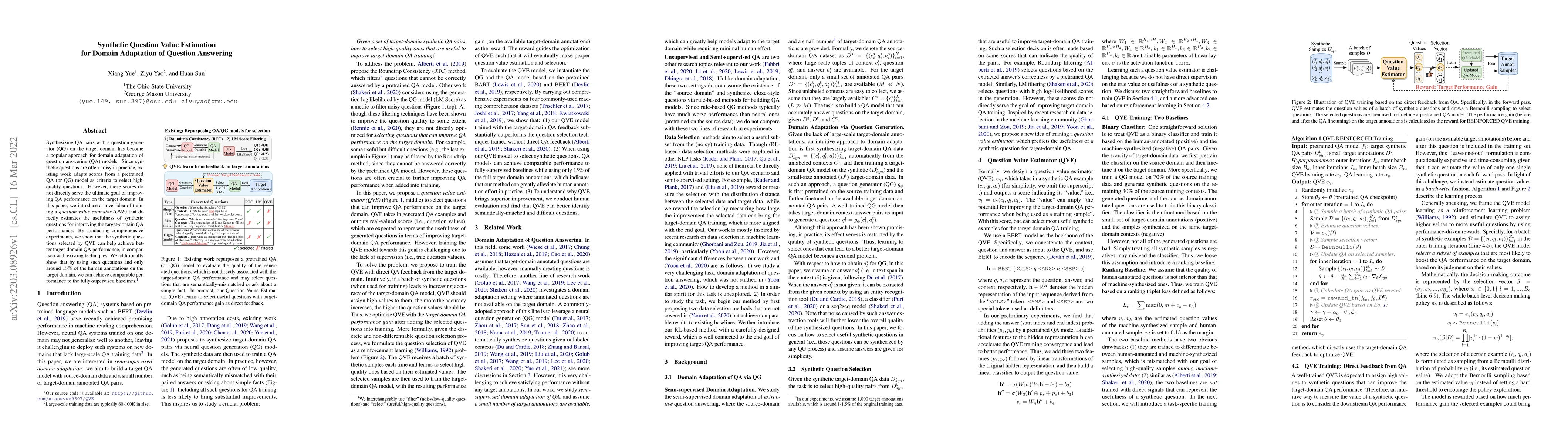 Thumbnail for Synthetic Question Value Estimation for Domain Adaptation of Question
  Answering