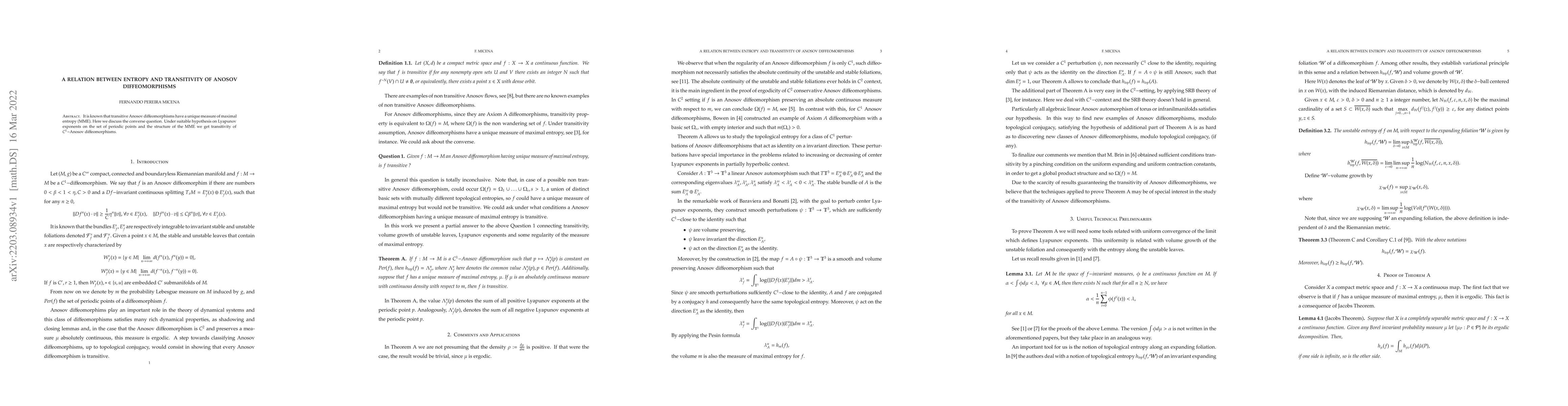 Thumbnail for A relation between entropy and transitivity of Anosov diffeomorphisms