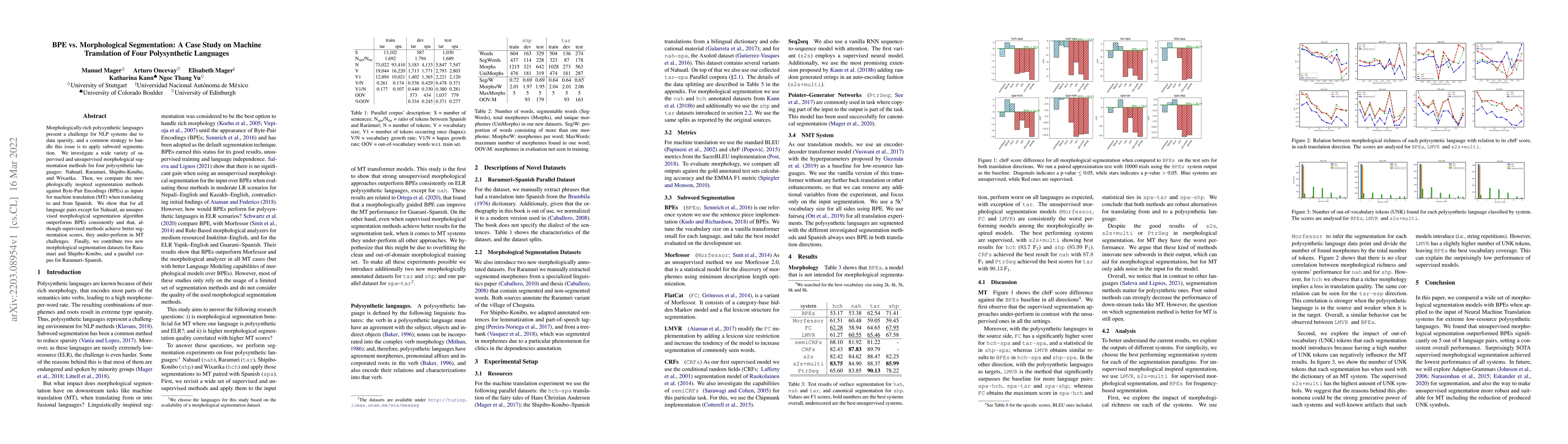 Thumbnail for BPE vs. Morphological Segmentation: A Case Study on Machine Translation
  of Four Polysynthetic Languages