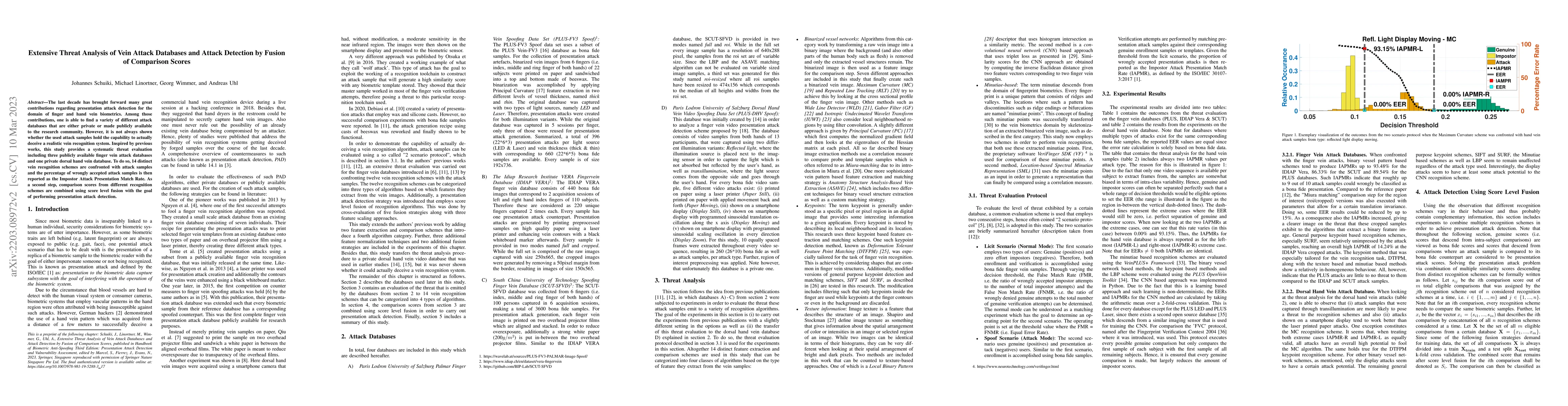 Thumbnail for Extensive Threat Analysis of Vein Attack Databases and Attack Detection
  by Fusion of Comparison Scores