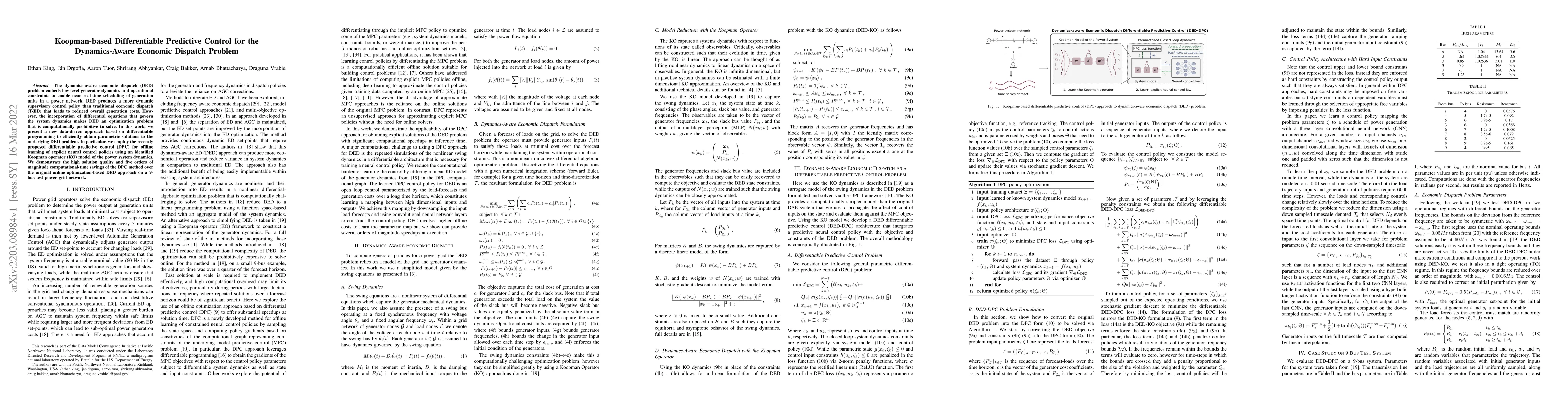 Thumbnail for Koopman-based Differentiable Predictive Control for the Dynamics-Aware
  Economic Dispatch Problem