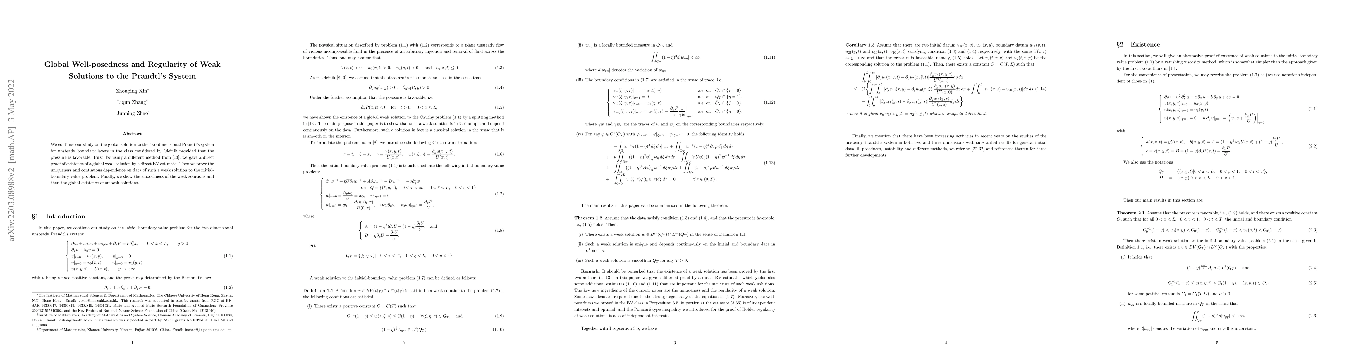 Thumbnail for Global Well-posedness and Regularity of Weak Solutions to the Prandtl's
  System