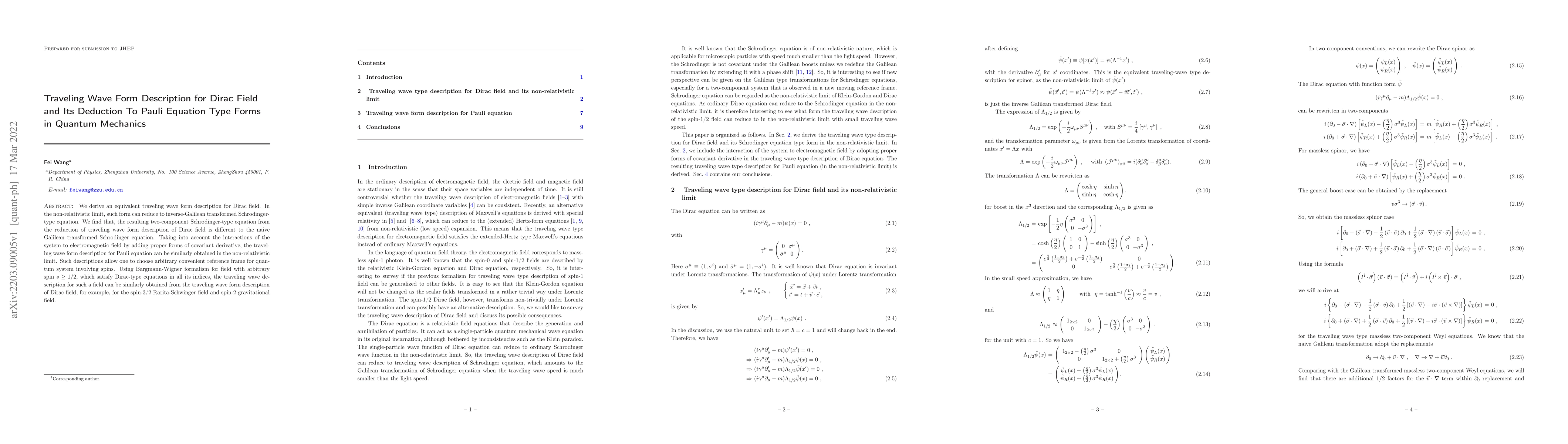Thumbnail for Traveling Wave Form Description for Dirac Field and Its Deduction To
  Pauli Equation Type Forms in Quantum Mechanics