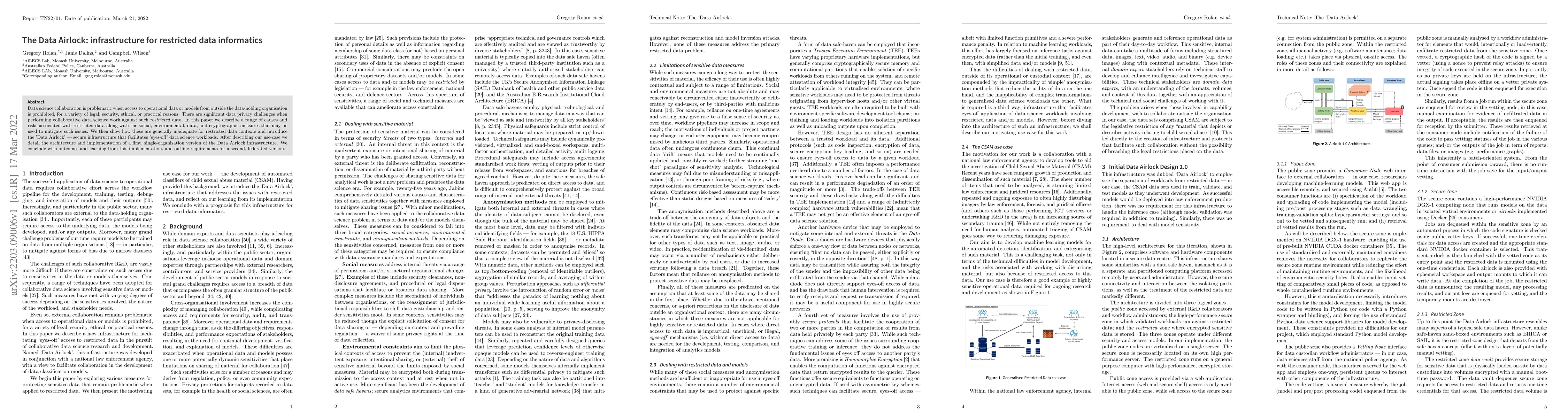 Thumbnail for The Data Airlock: infrastructure for restricted data informatics