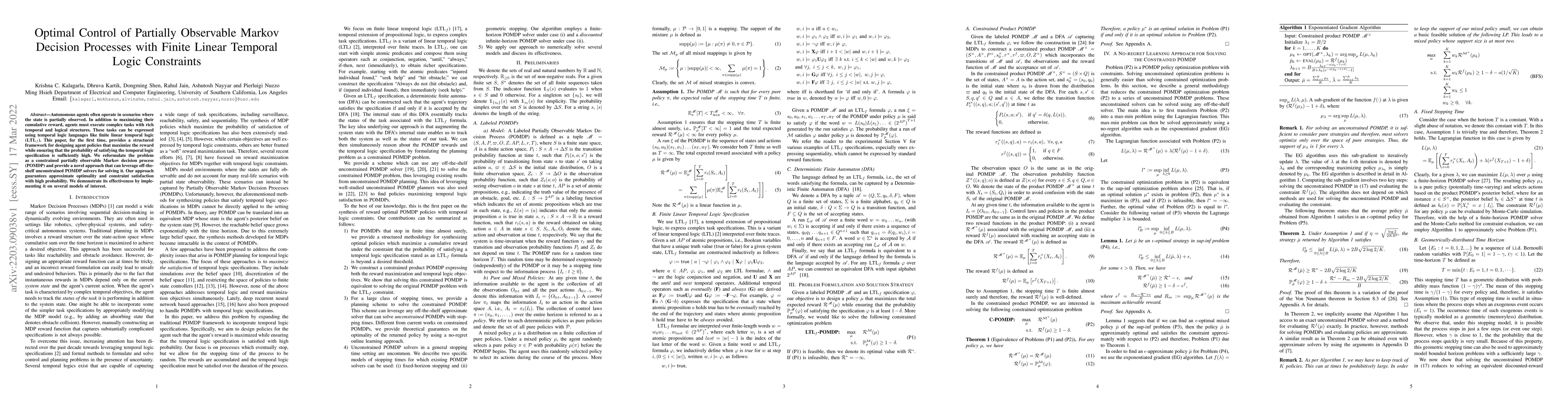 Thumbnail for Optimal Control of Partially Observable Markov Decision Processes with
  Finite Linear Temporal Logic Constraints