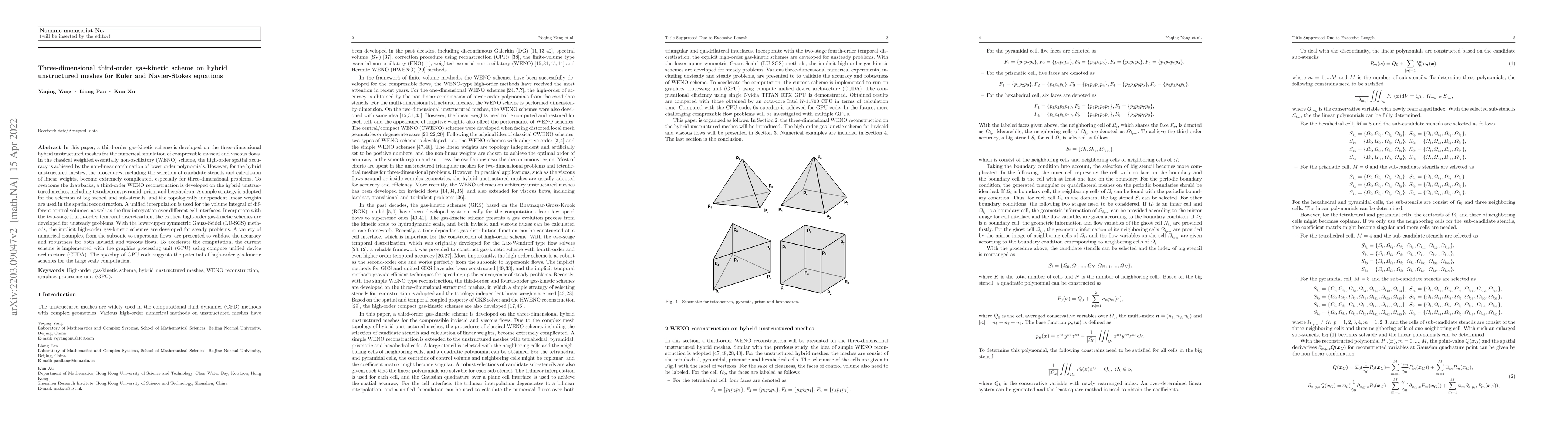 Thumbnail for Three-dimensional third-order gas-kinetic scheme on hybrid unstructured
  meshes for Euler and Navier-Stokes equations