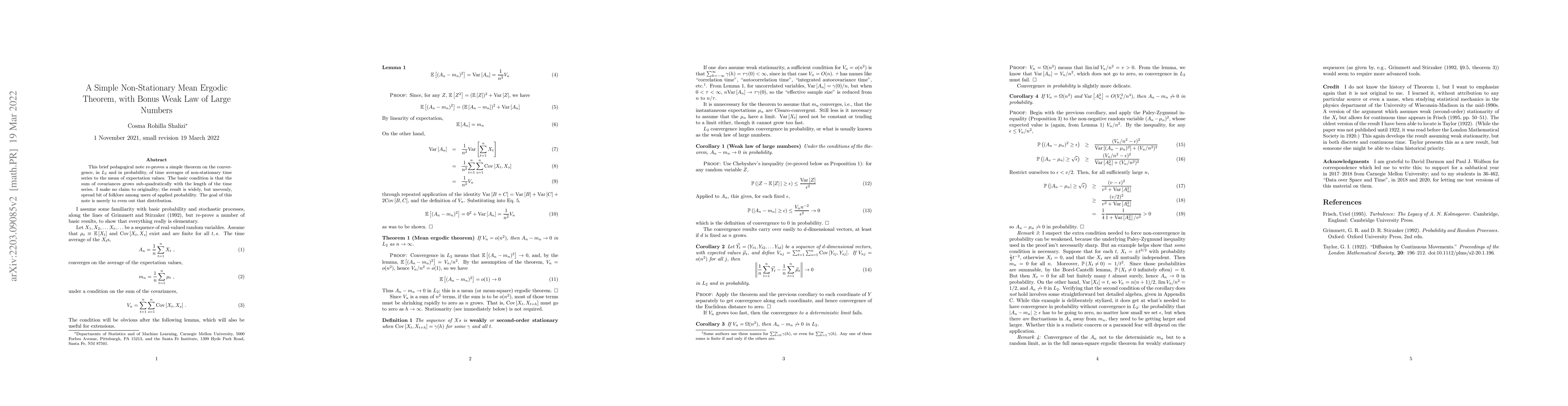 Thumbnail for A Simple Non-Stationary Mean Ergodic Theorem, with Bonus Weak Law of
  Large Numbers