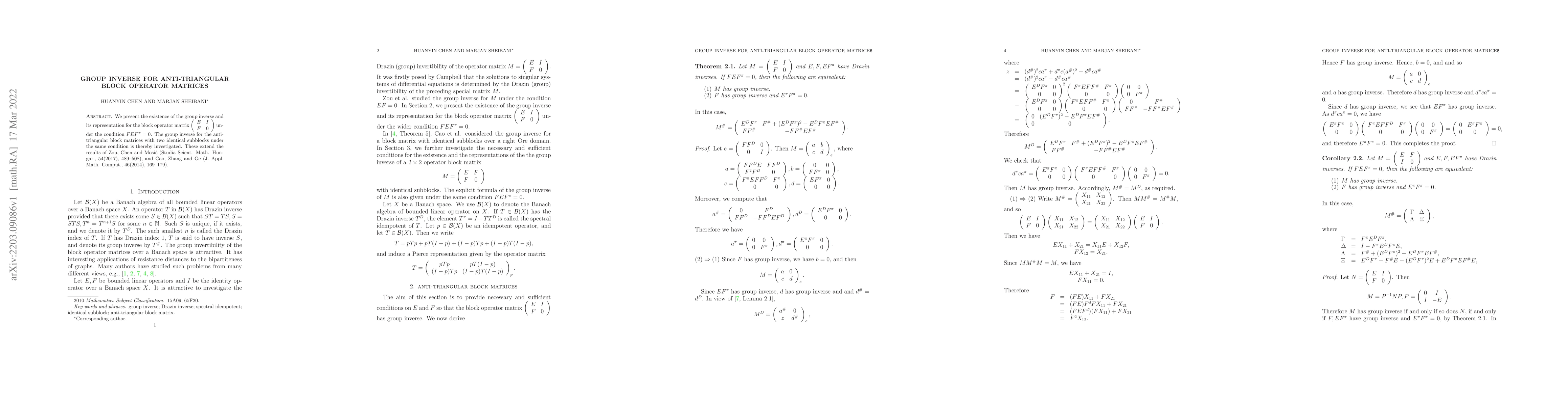 Thumbnail for Group inverse for anti-triangular block operator matrices