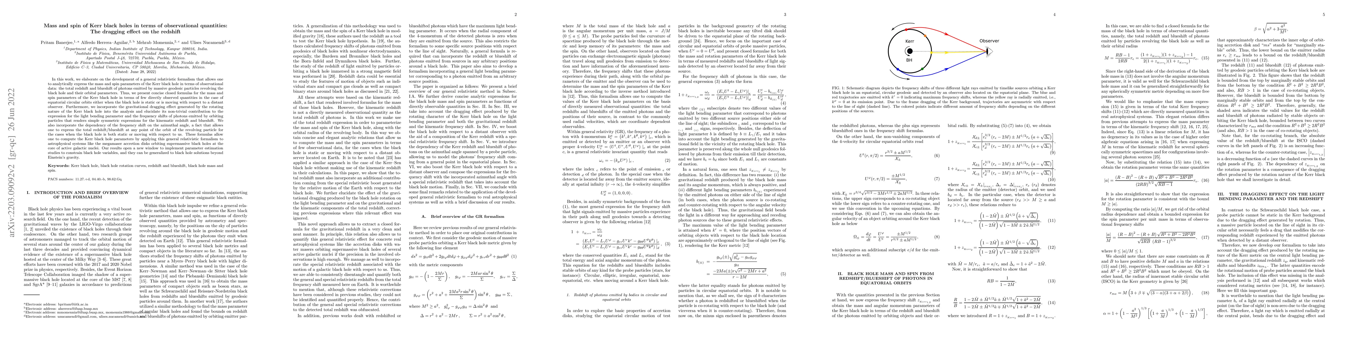 Thumbnail for Mass and spin of Kerr black holes in terms of observational quantities:
  The dragging effect on the redshift