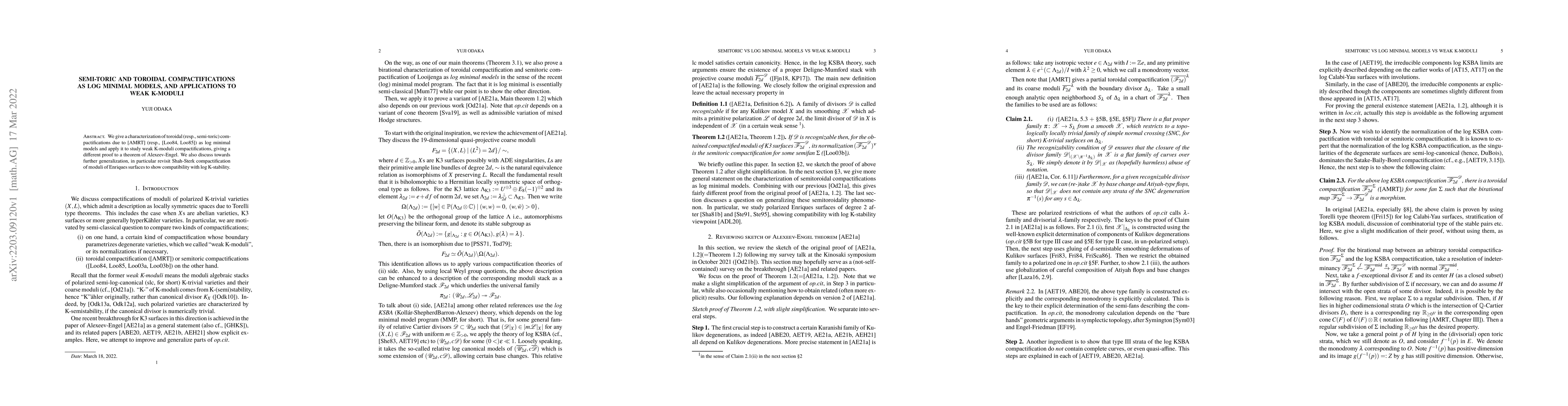 Thumbnail for Semi-toric and toroidal compactifications as log minimal models, and
  applications to weak K-moduli
