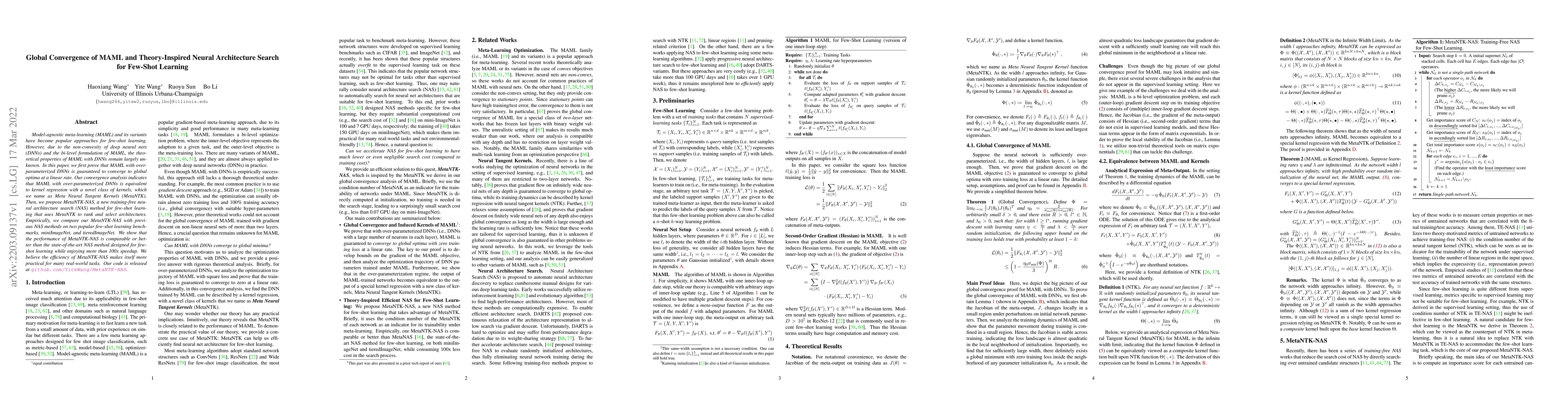 Thumbnail for Global Convergence of MAML and Theory-Inspired Neural Architecture
  Search for Few-Shot Learning