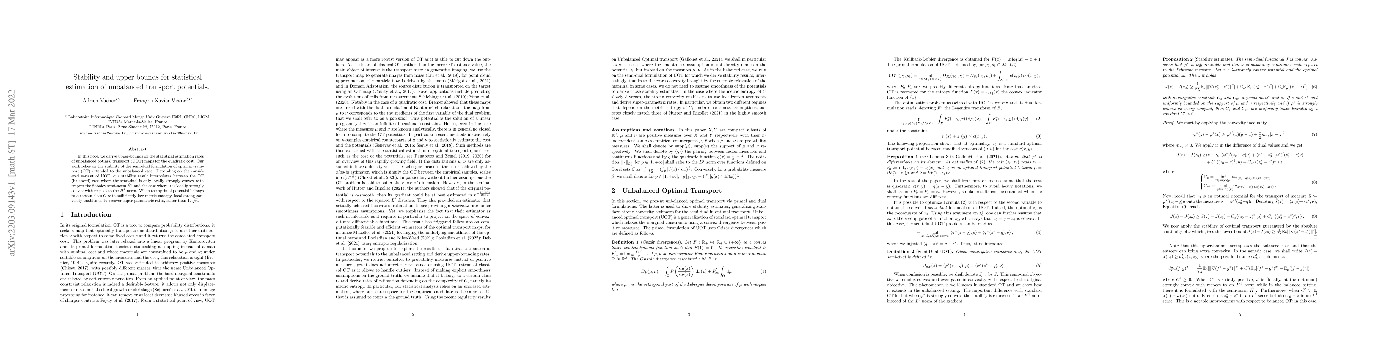 Thumbnail for Stability and upper bounds for statistical estimation of unbalanced
  transport potentials