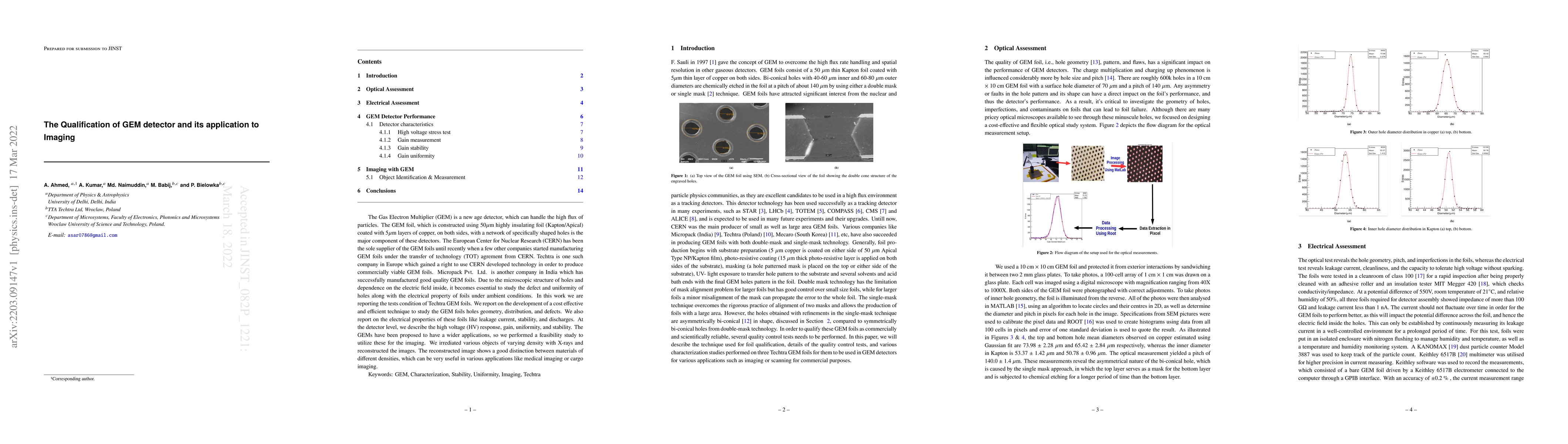 Thumbnail for The Qualification of GEM detector and its application to Imaging