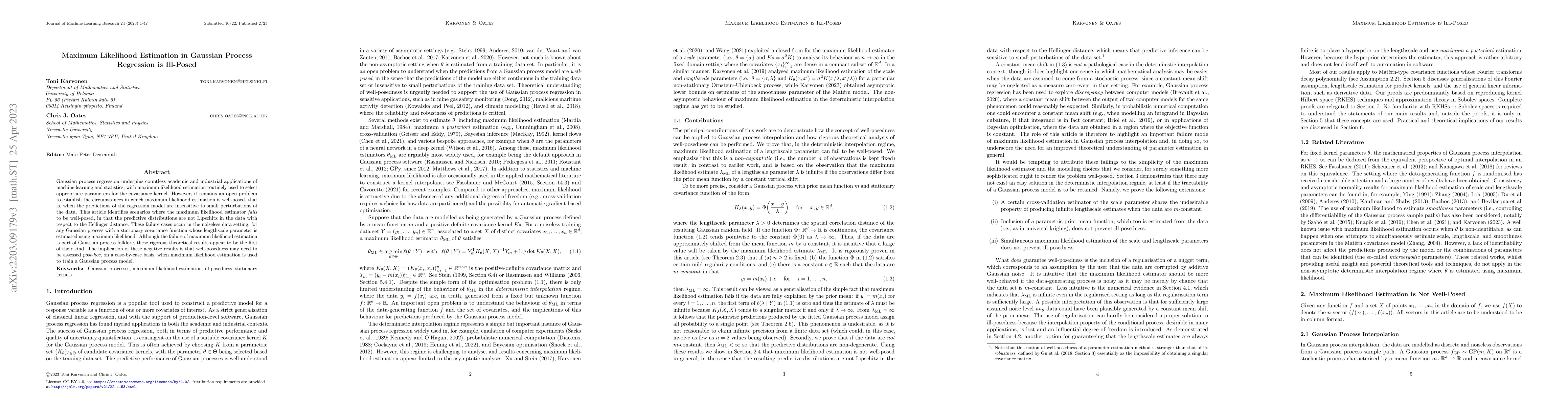 Thumbnail for Maximum Likelihood Estimation in Gaussian Process Regression is
  Ill-Posed