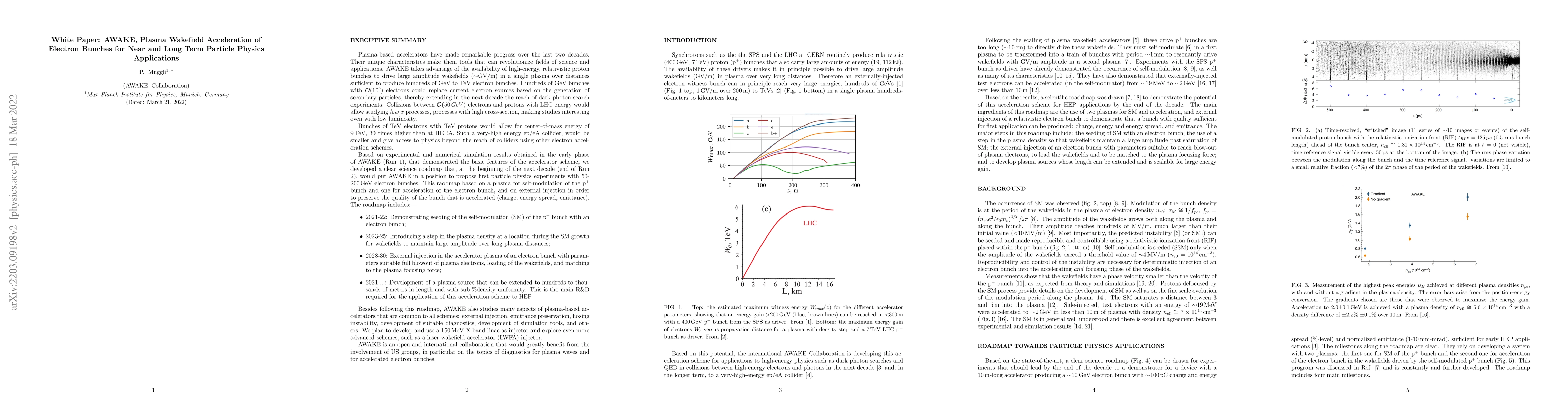 Thumbnail for White Paper: AWAKE, Plasma Wakefield Acceleration of Electron Bunches
  for Near and Long Term Particle Physics Applications