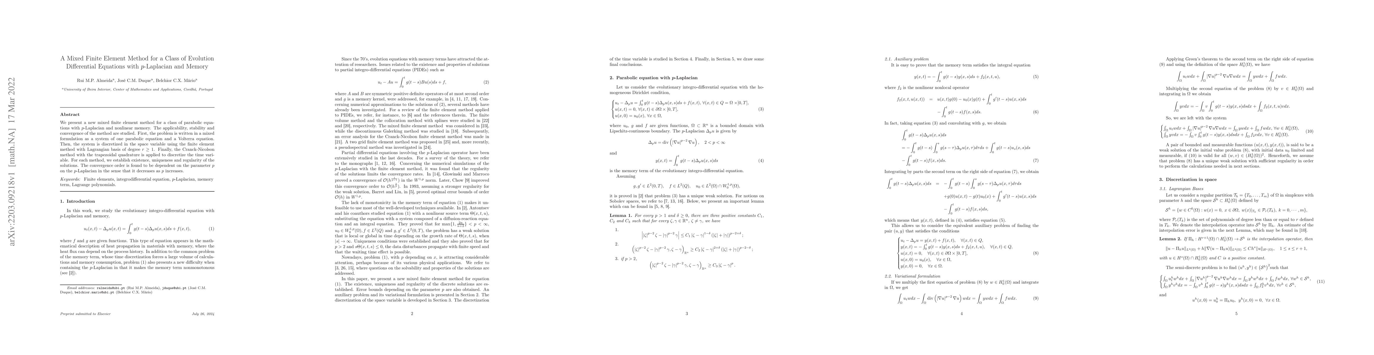 Thumbnail for A Mixed Finite Element Method for a Class of Evolution Differential
  Equations with $p$-Laplacian and Memory