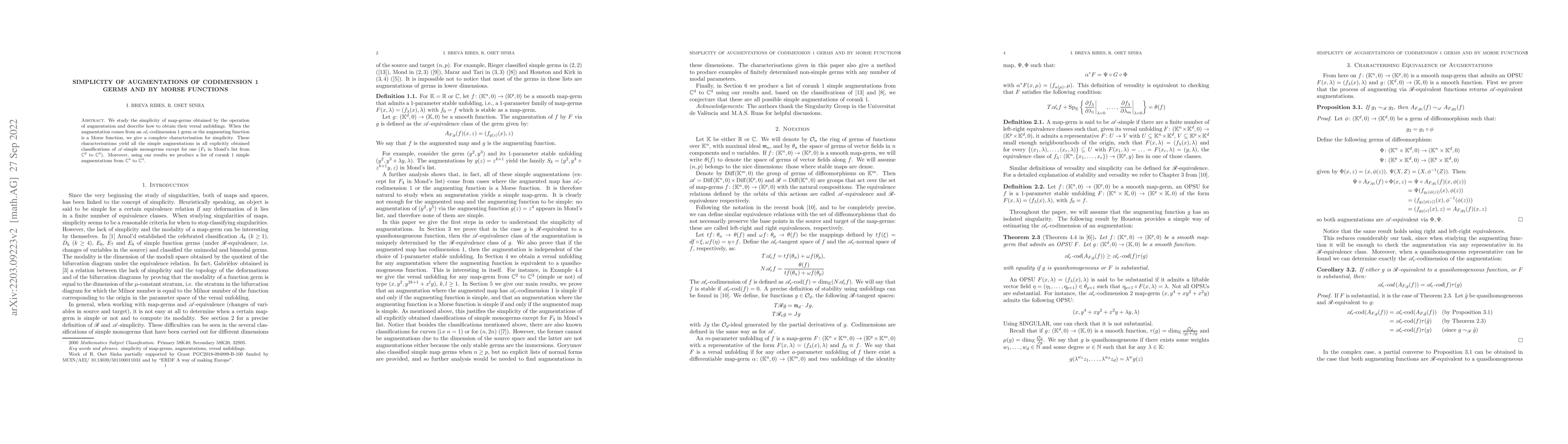 Thumbnail for Simplicity of augmentations of codimension 1 germs and by Morse
  functions