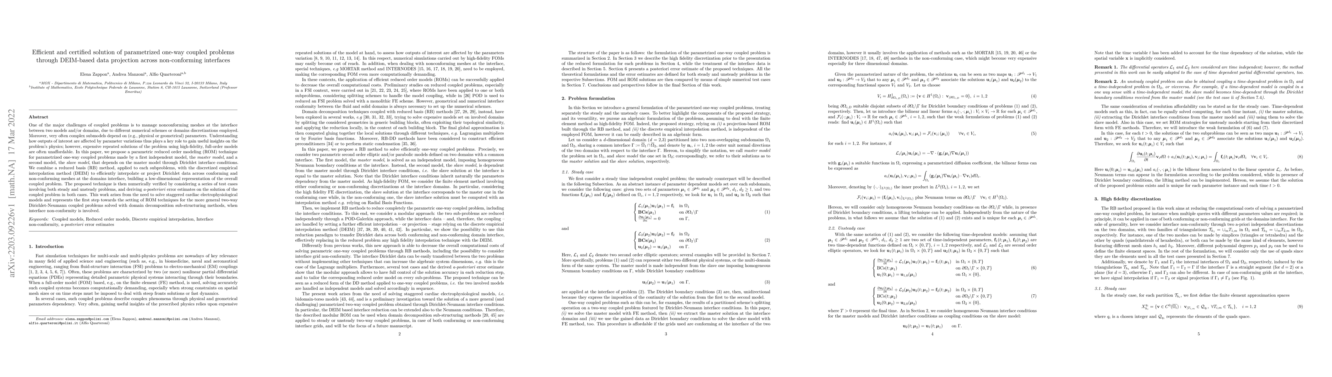 Thumbnail for Efficient and certified solution of parametrized one-way coupled
  problems through DEIM-based data projection across non-conforming interfaces