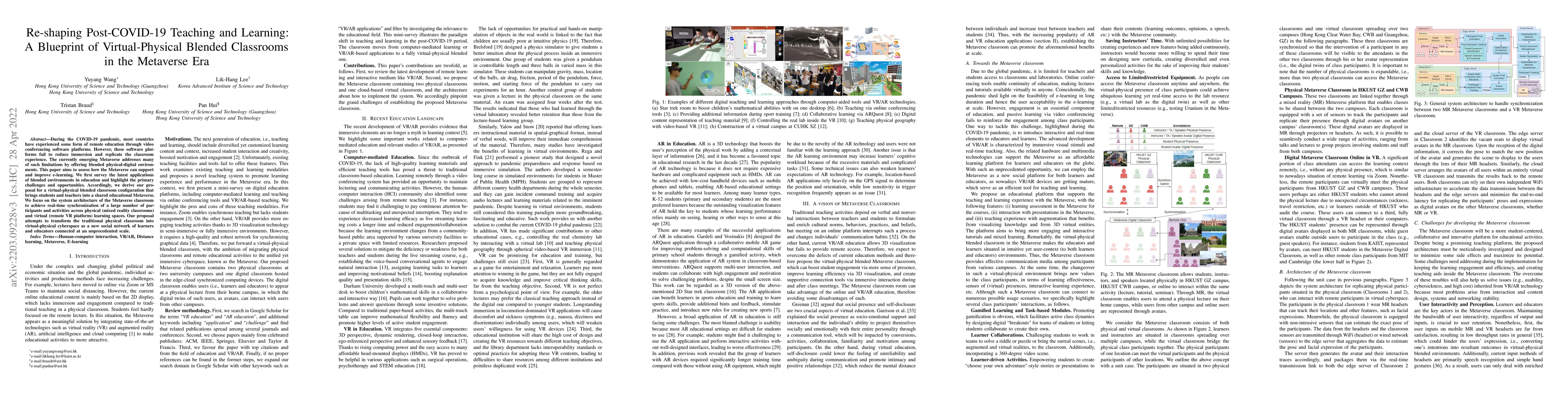 Thumbnail for Re-shaping Post-COVID-19 Teaching and Learning: A Blueprint of
  Virtual-Physical Blended Classrooms in the Metaverse Era