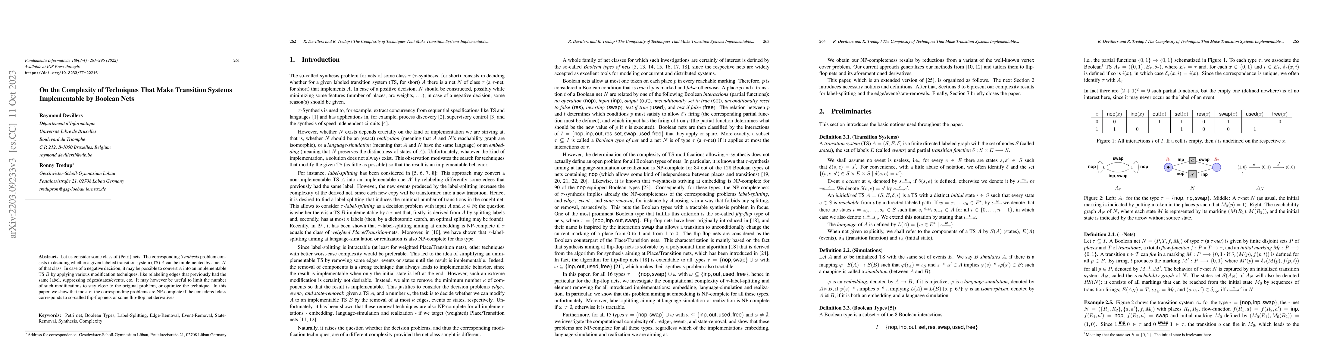 Thumbnail for On the Complexity of Techniques That Make Transition Systems
  Implementable by Boolean Nets
