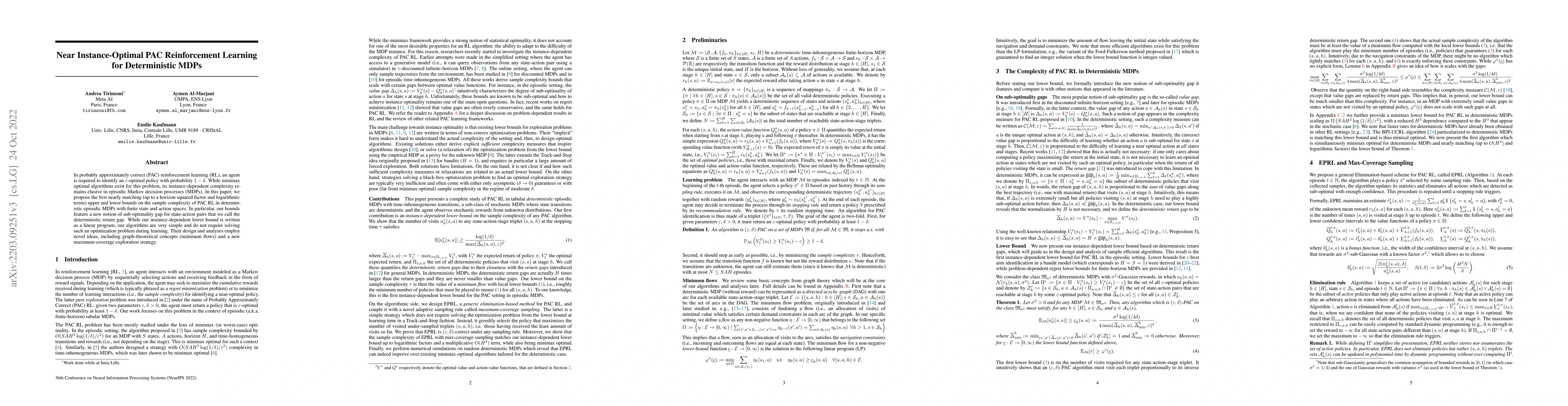 Thumbnail for Near Instance-Optimal PAC Reinforcement Learning for Deterministic MDPs