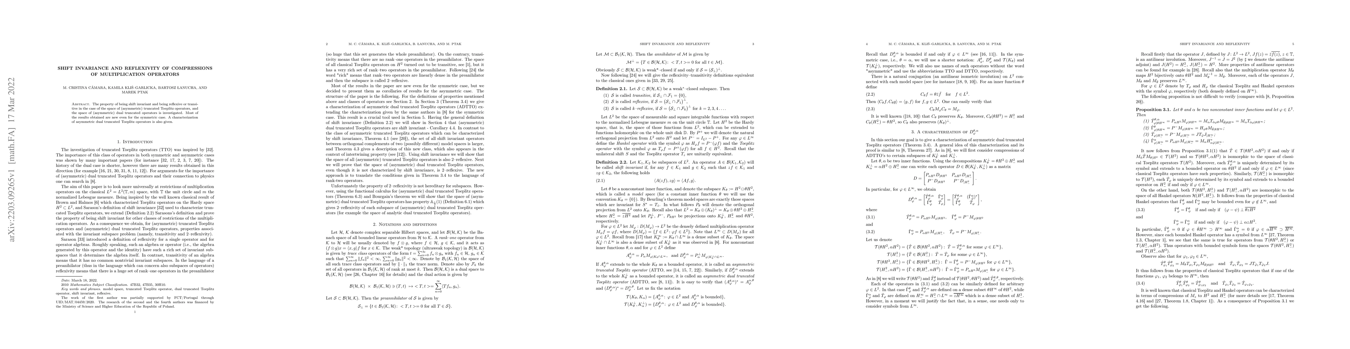 Thumbnail for Shift invariance and reflexivity of compressions of multiplication
  operators