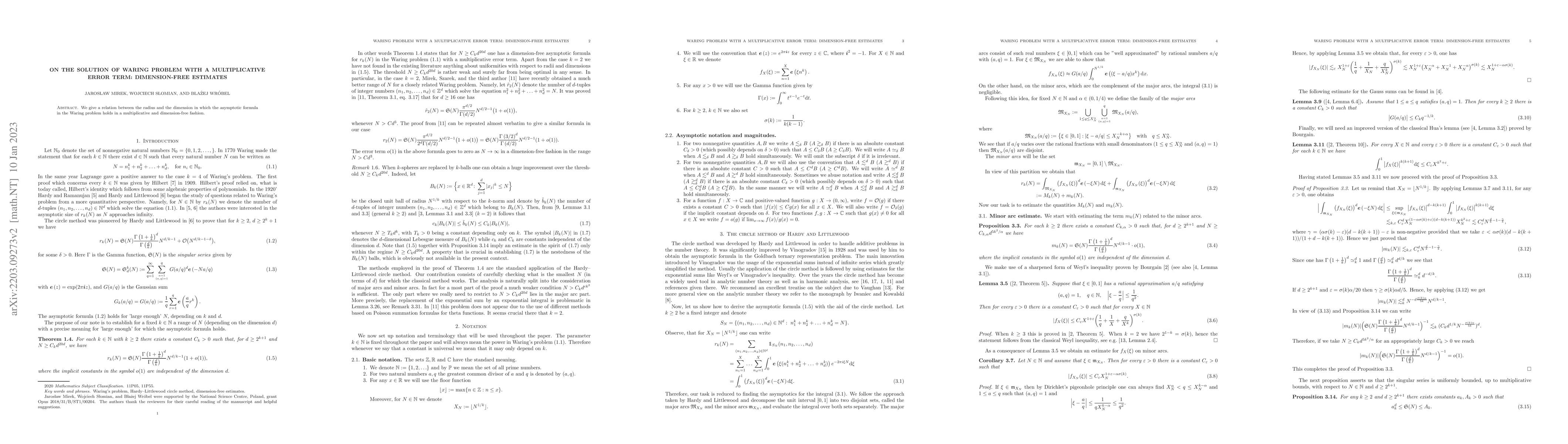Thumbnail for On the solution of Waring Problem with a multiplicative error term:
  dimension free estimates