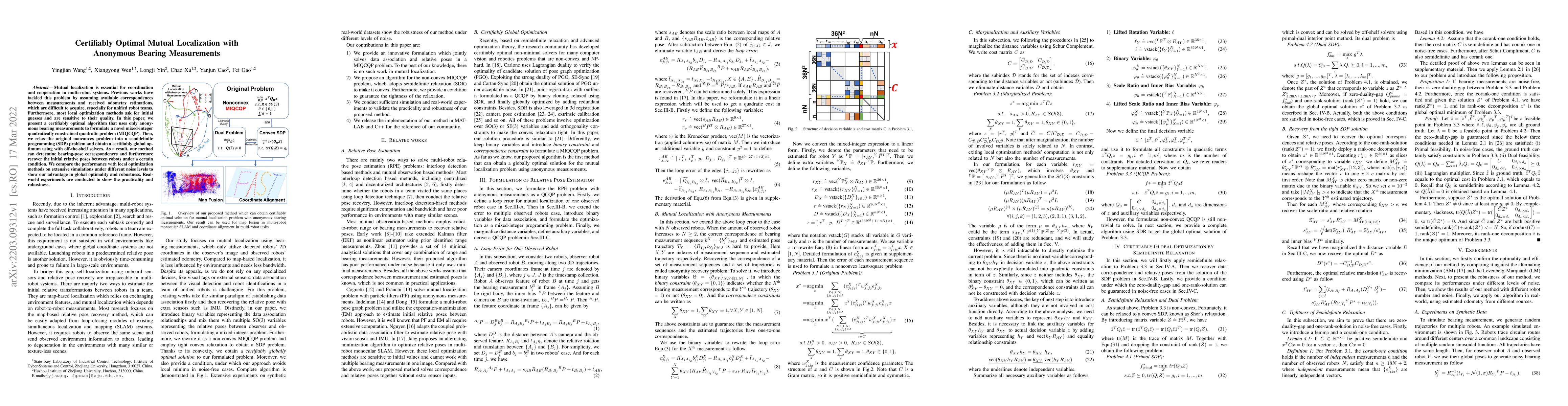 Thumbnail for Certifiably Optimal Mutual Localization with Anonymous Bearing
  Measurements