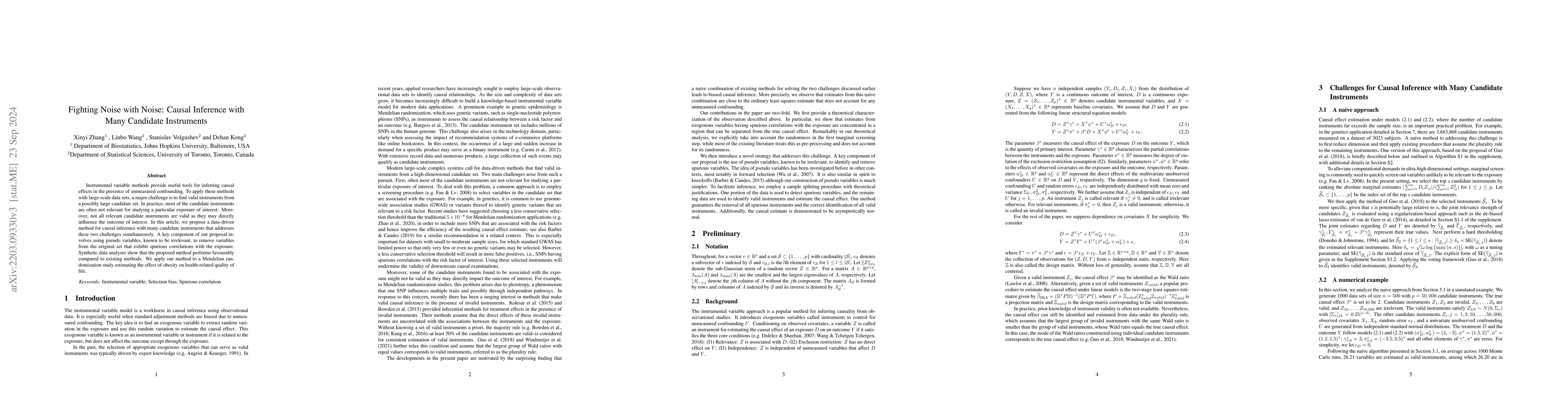 Thumbnail for Fighting Noise with Noise: Causal Inference with Many Candidate
  Instruments
