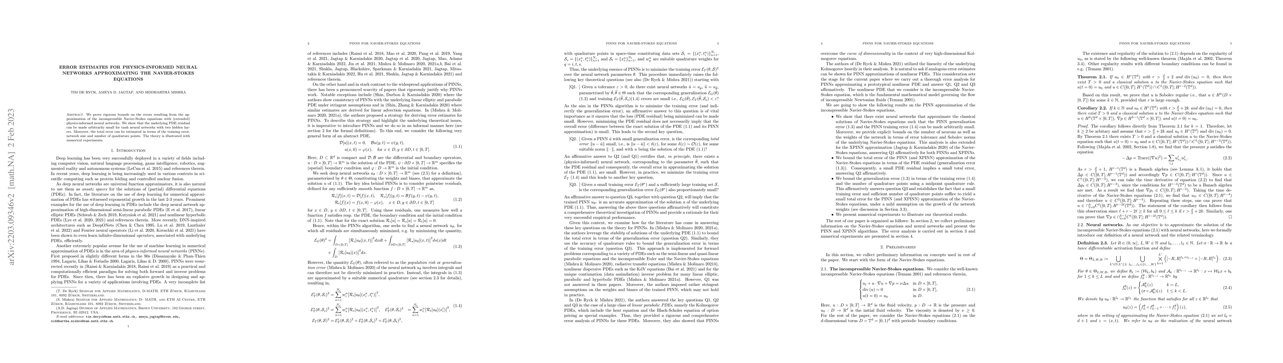 Thumbnail for Error estimates for physics informed neural networks approximating the
  Navier-Stokes equations
