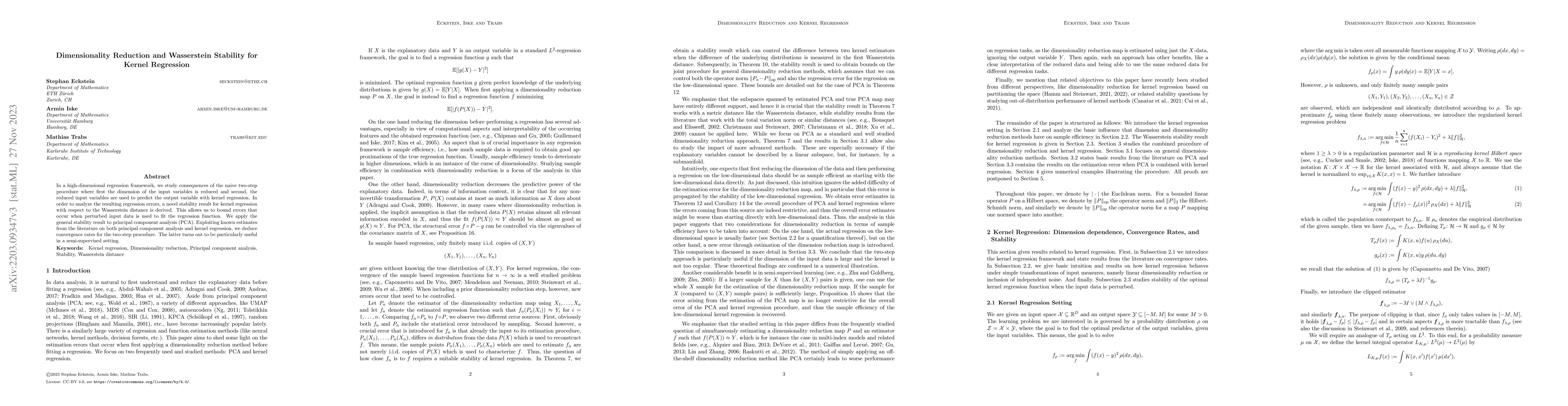 Thumbnail for Dimensionality Reduction and Wasserstein Stability for Kernel Regression