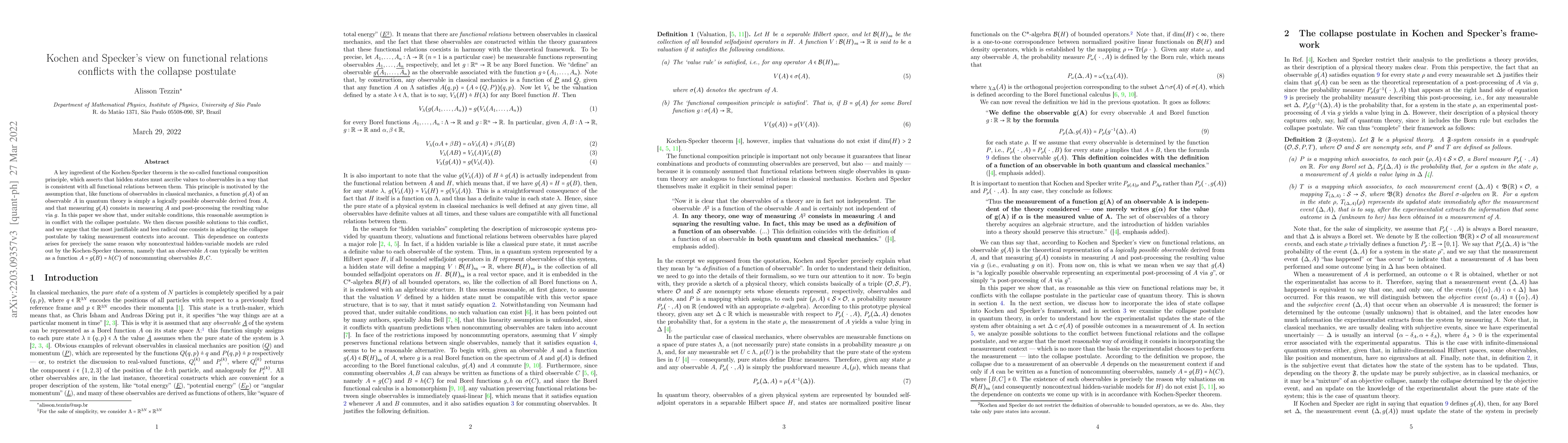Thumbnail for Kochen and Specker's view on functional relations conflicts with the
  collapse postulate