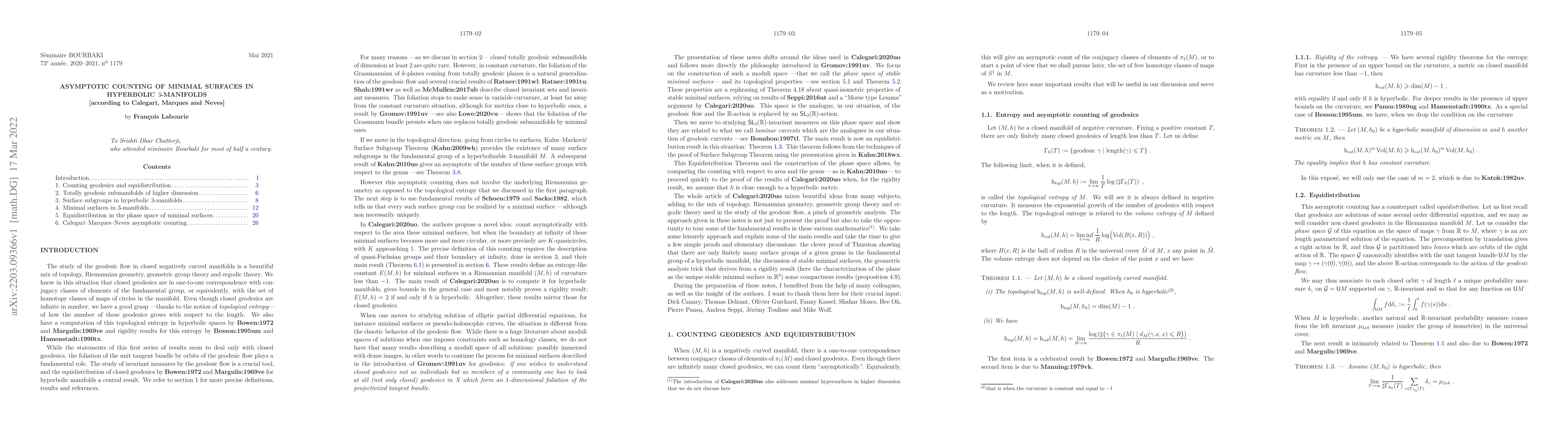 Thumbnail for Asymptotic counting of minimal surfaces in hyperbolic manifolds
  [according to Calegari, Marques and Neves]
