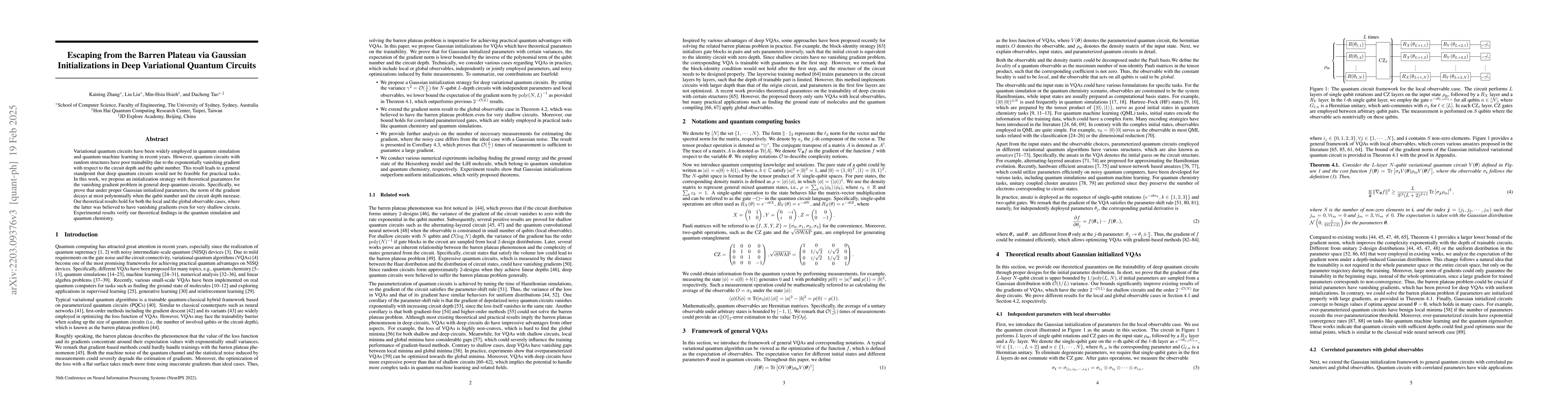Thumbnail for Escaping from the Barren Plateau via Gaussian Initializations in Deep
  Variational Quantum Circuits