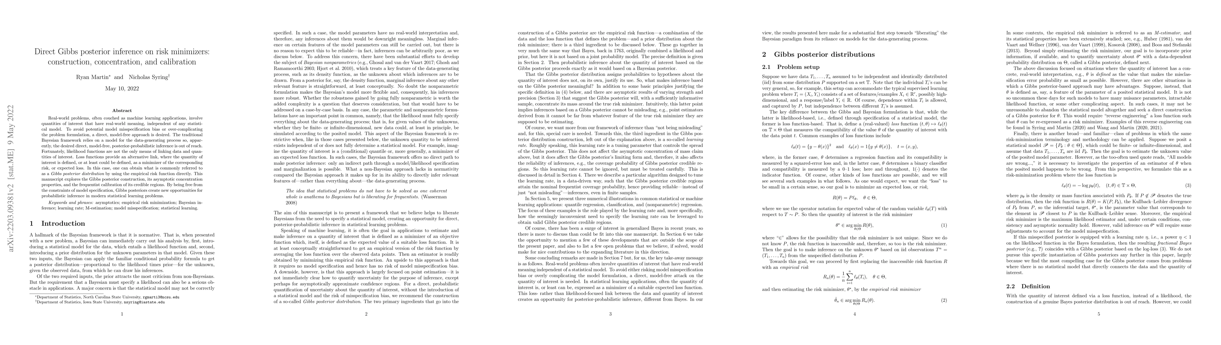 Thumbnail for Direct Gibbs posterior inference on risk minimizers: construction,
  concentration, and calibration