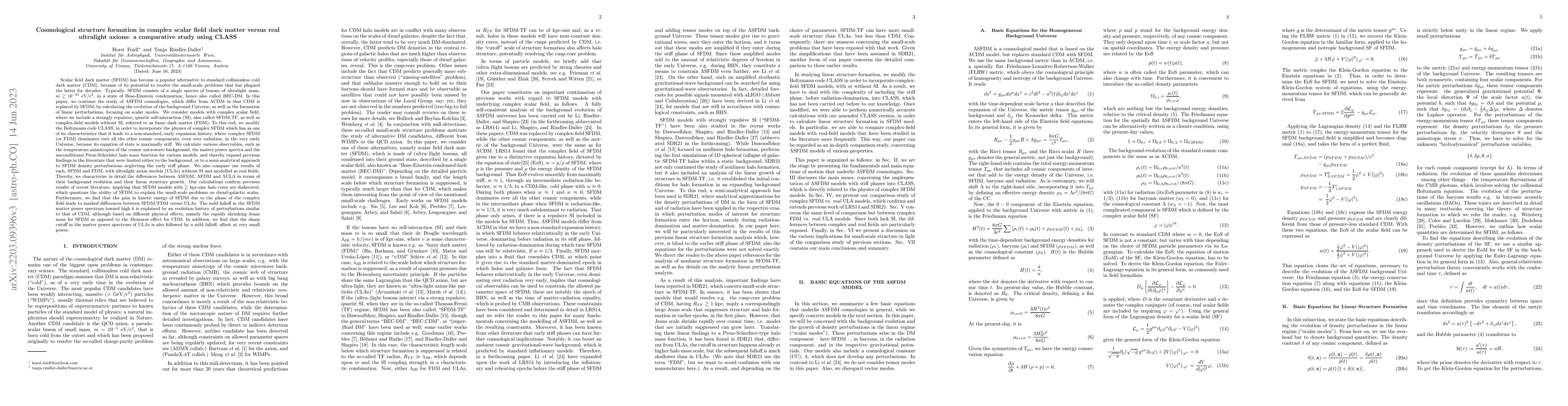 Thumbnail for Cosmological structure formation in complex scalar field dark matter
  versus real ultralight axions: a comparative study using CLASS