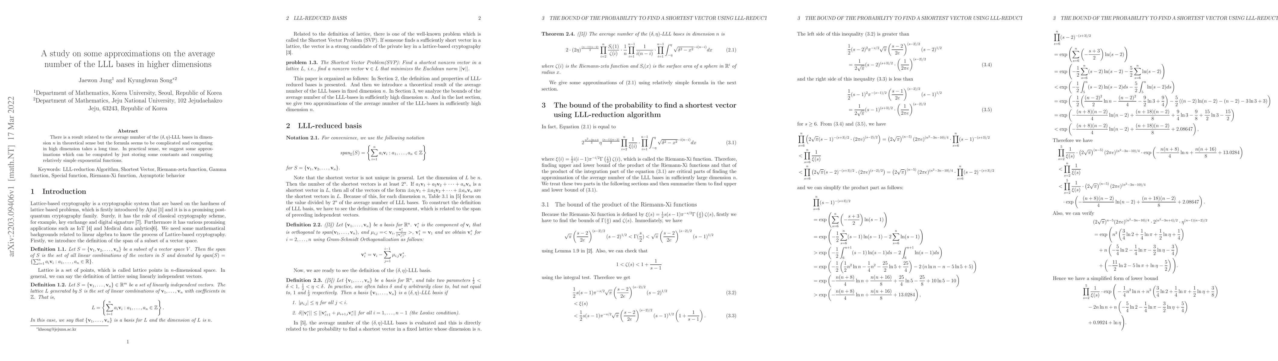 Thumbnail for A study on some approximations on the average number of the LLL bases in
  higher dimensions