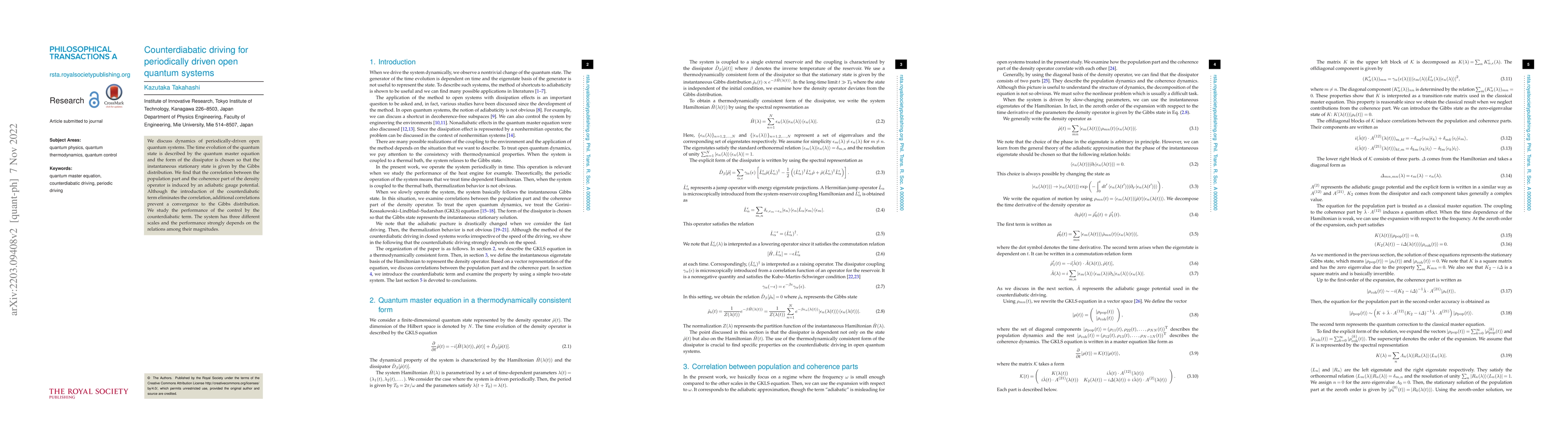 Thumbnail for Counterdiabatic driving for periodically driven open quantum systems