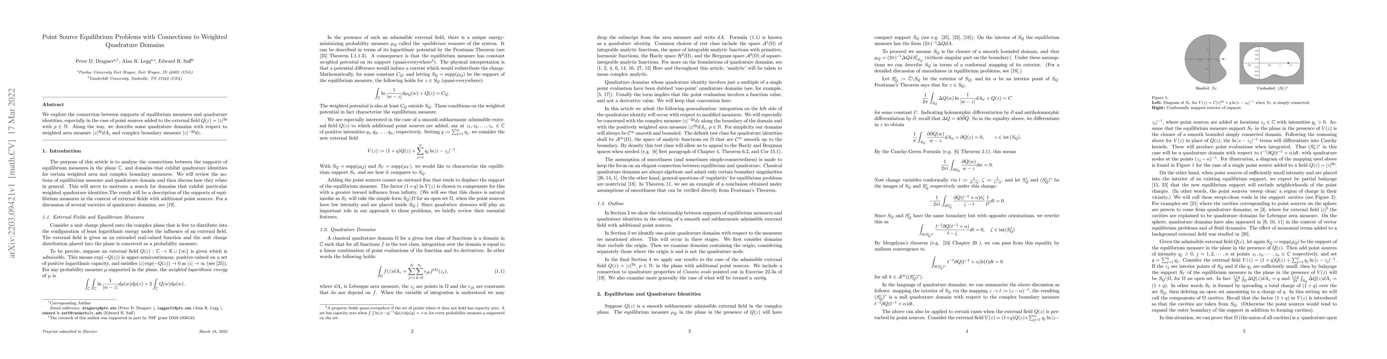 Thumbnail for Point Source Equilibrium Problems with Connections to Weighted
  Quadrature Domains