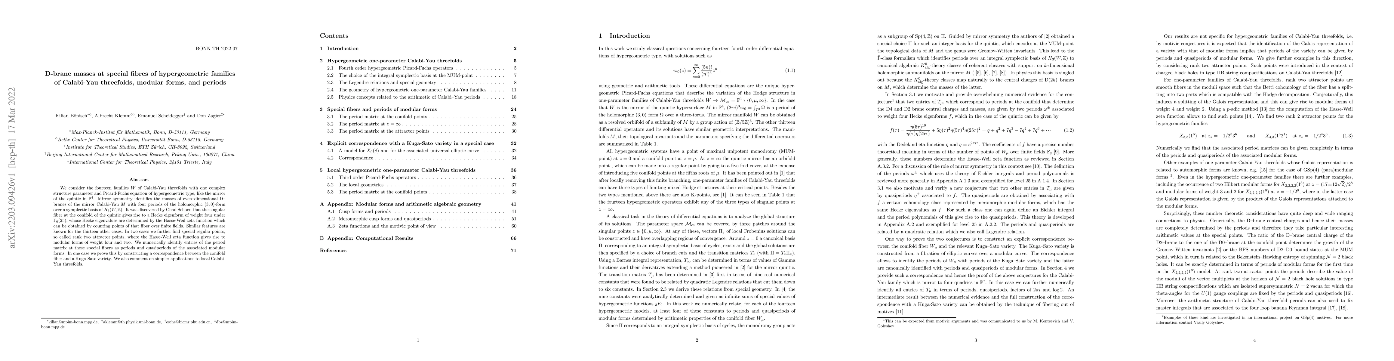 Thumbnail for D-brane masses at special fibres of hypergeometric families of
  Calabi-Yau threefolds, modular forms, and periods