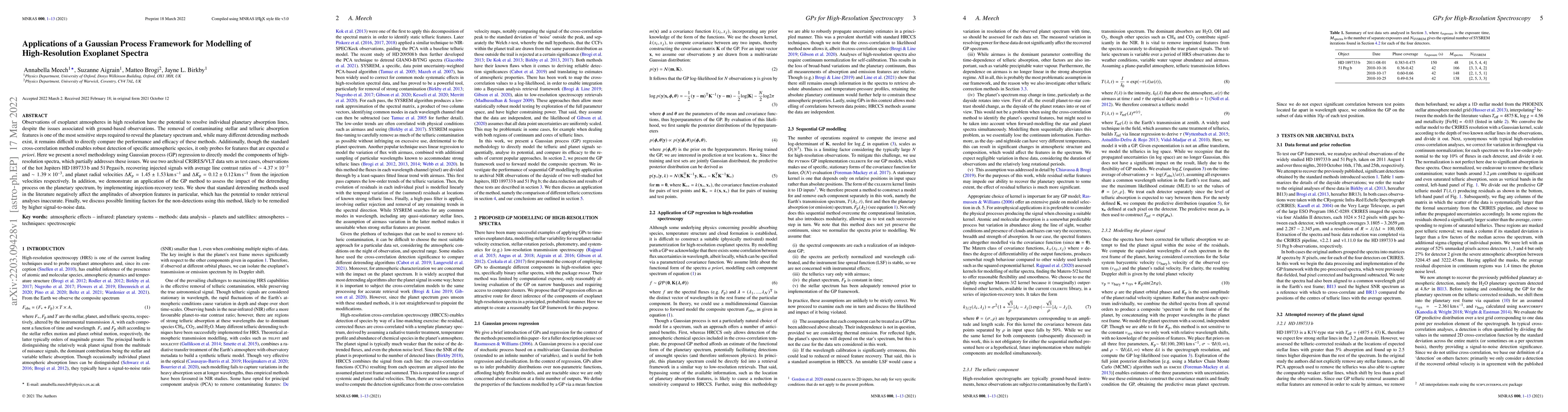 Thumbnail for Applications of a Gaussian Process Framework for Modelling of
  High-Resolution Exoplanet Spectra