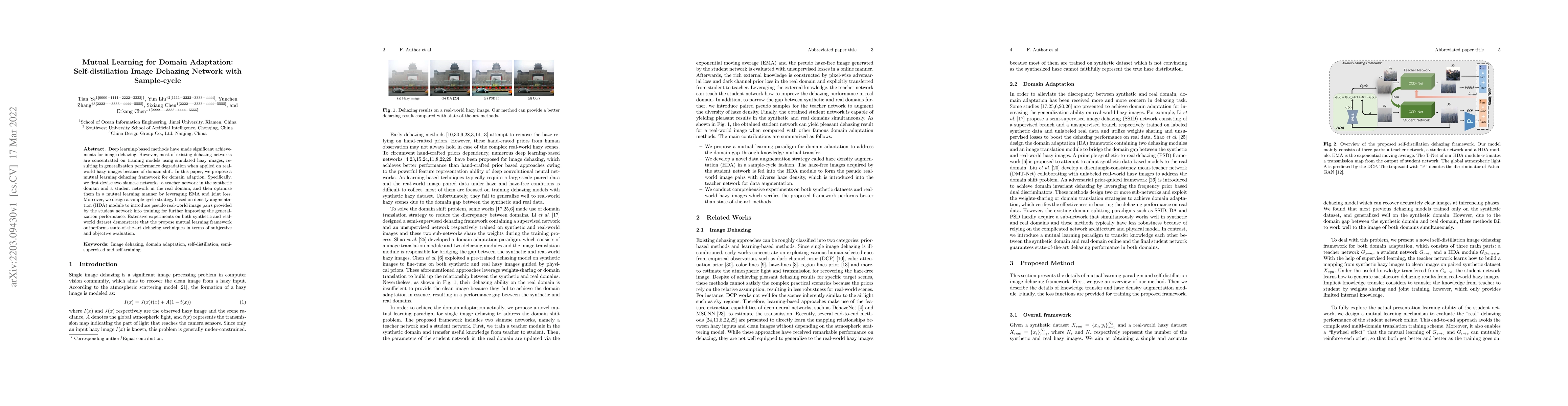 Thumbnail for Mutual Learning for Domain Adaptation: Self-distillation Image Dehazing
  Network with Sample-cycle